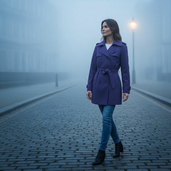 Purple London Fog trench coat with double-breasted design and belt Large - Picture 12 of 12